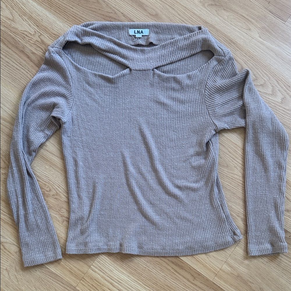 Lna Women's Off-the-Shoulder Clyde Slub Sweater Top Cut Out Heather Taupe Size S